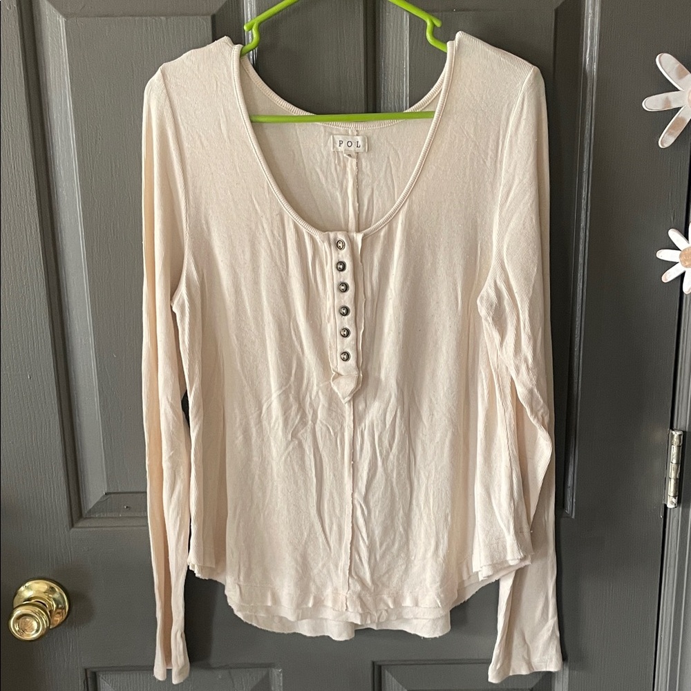POL Henley Ribbed Cream Long Sleeve Tee